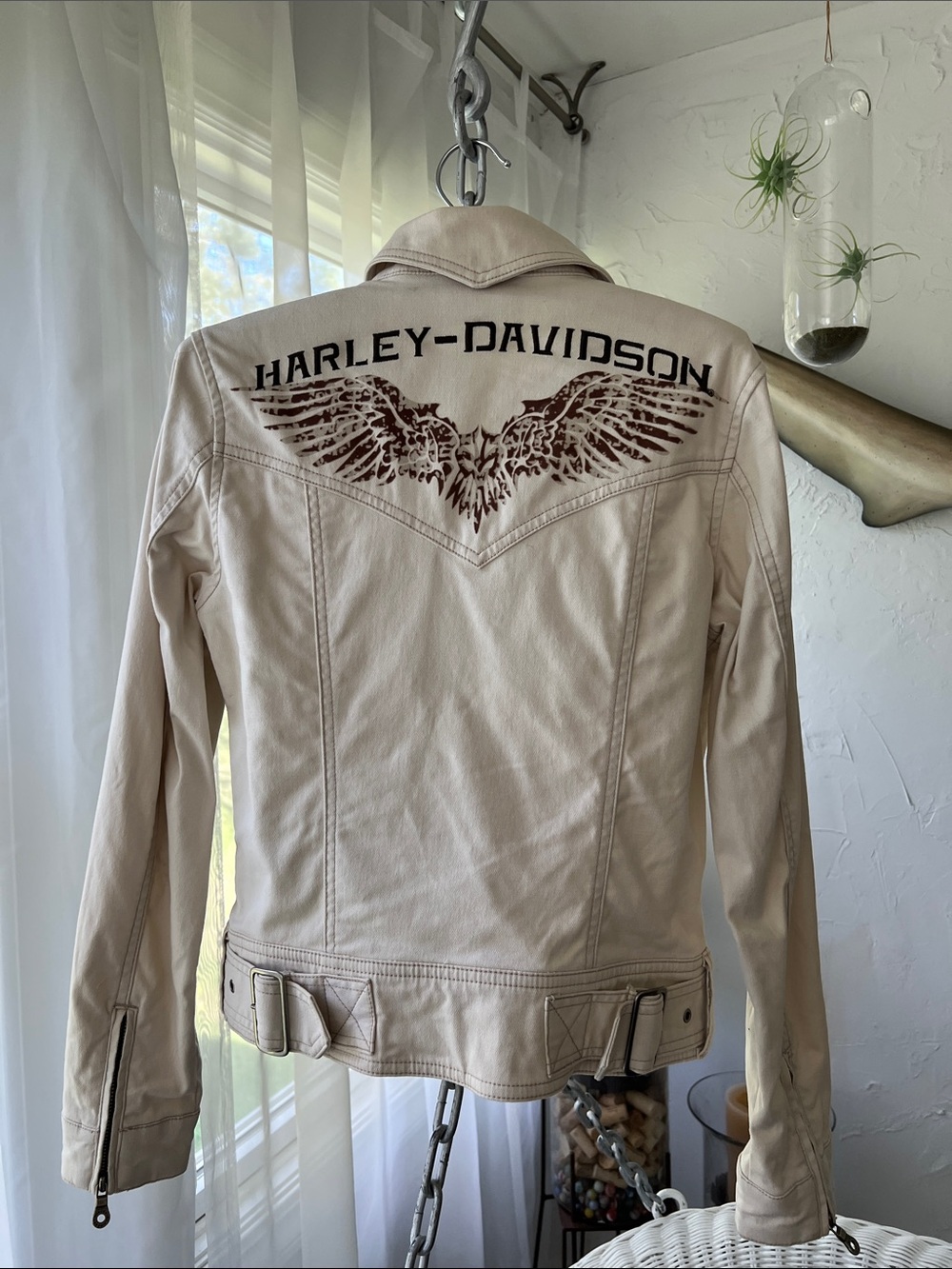 Harley-Davidson Cream Denim Jacket with Brown Wing Back Graphic